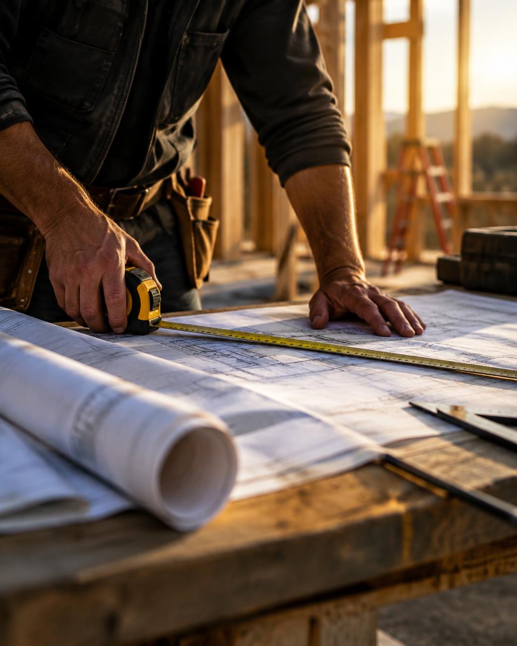 Contractor measuring blueprints on site