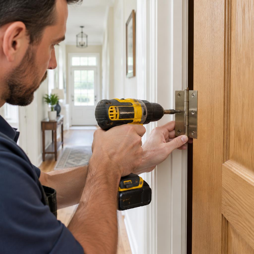 Technician repairing a door hinge with a drill